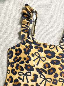 SHEIN Tween Girl Leopard Print One-Piece Swimsuit With Ruffle - Rust Brown - View 6