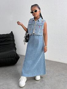 SHEIN 青少年女孩 Y2k 时尚休闲日常都市街头波西米亚风花朵和蝴蝶刺绣无袖牛仔短款夹克，适合儿童 Y2k 服装女孩服装日常装波西米亚风服装和青少年女孩四季服装、海滩度假服装、街头装女孩 - 淺色水洗藍 - 查看 6