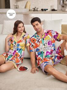 2pcs Men's Cute Puppy Printed Pajama Set - Multicolor - View 3