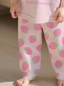 Baby Girls Fruit & Strawberry Pattern Pajamas Set, Loose Fit Suitable For Summer - Multicolor - View 4