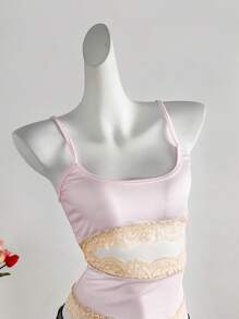 Zolique Women Lace Contrast Color Patchwork Cami Top, Summer - Baby Pink - View 3