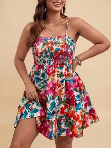 Travachic WYWH Women Vacation Spring Break Plus Floral Print Ruffle Hem Cami Flower Dress - Multicolor - View 3