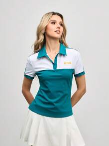 SHEIN Sports 女式字母印花撞色短袖运动 Polo 衫 - 綠色 - 查看 3