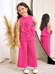 Set de 2 piezas compuesto por top con cuello de pie y pantalones con adornos florales elegantes para niña joven