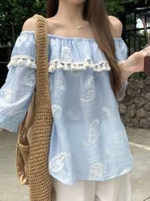 DAZY Women's Floral Print Off Shoulder Ruffle Trim Flowy Casual Summer Top Shirt Vacation - Blue - View 1