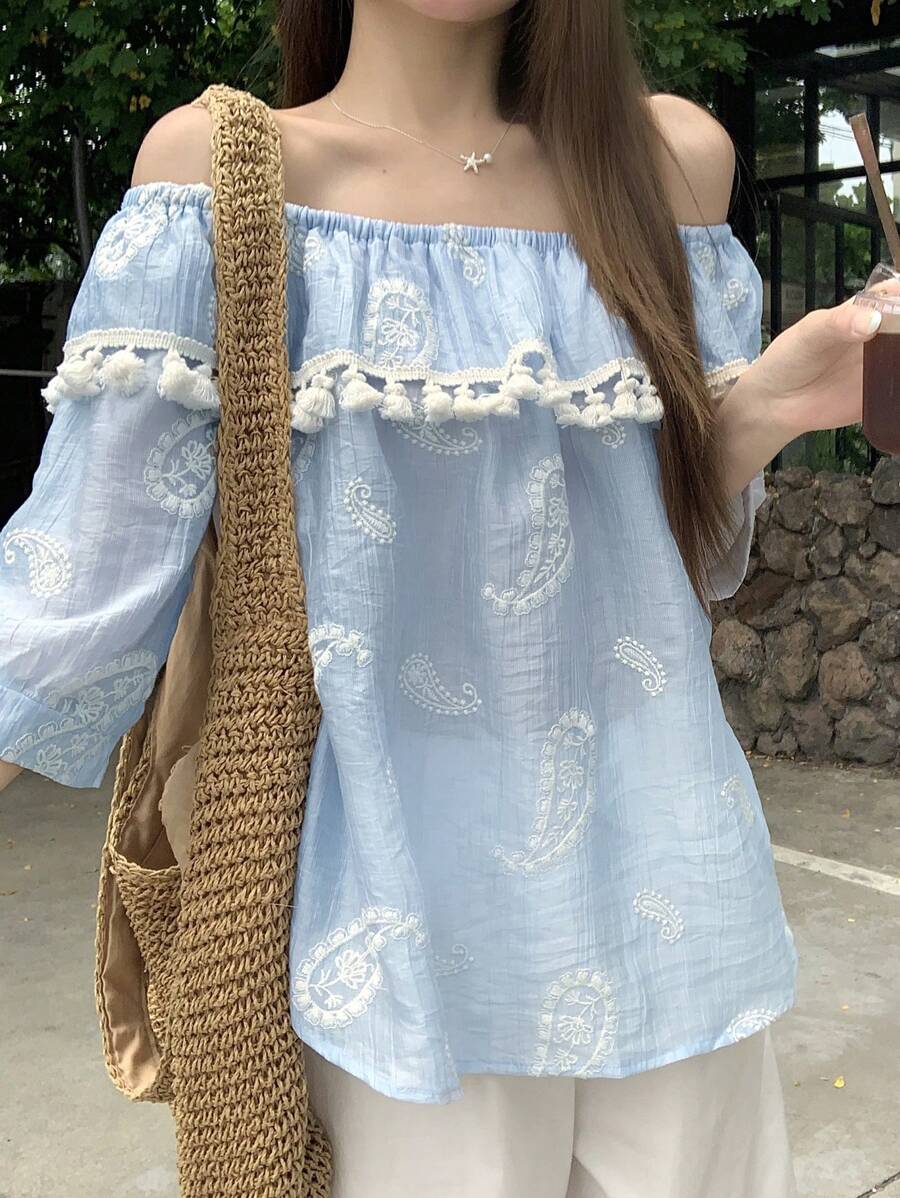 DAZY Women's Floral Print Off Shoulder Ruffle Trim Flowy Casual Summer Top Shirt Vacation - Blue - View 1