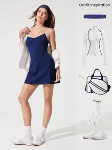 GLOWMODE Quick-Dry Weekend Enthusiast Adjustable Spaghetti Strap Cutout Back Contrast Color Active Dress Low Impact Tennis Golf Pickleball Daily Casual Wear - Dark Blue - View 8