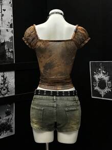 EgrlEra Camiseta ajustada sexy para mujer con mangas abullonadas, cuello cuadrado, cinta y empalmado de malla con estilo retro bombshell - Multicolor - Ver 2