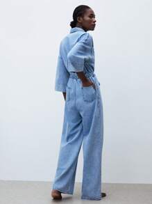 Maija Women's Casual Lightweight Denim Jumpsuit With Drawstring Waist, 3/4 Sleeve, Suitable For Urban Casual Wear, Office Outfit For Women, Autumn, Fall Women Clothes - Light Wash - View 2