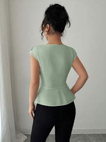 Elenzga 女式束腰不对称刺绣蕾丝拼接衬衫，荷叶边上衣 - 綠色 - 查看 2