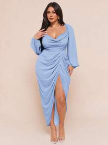 SHEIN BAE Vestido de fiesta elegante y sexy para mujer de talla grande con cuello drapeado, volantes, bajo asimétrico con abertura y manga larga, con lentejuelas y brillo, color verde guisante, vestido de invitada de boda para mujer - Celeste - Ver 3