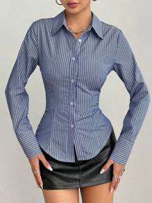Flirla Petite 休闲条纹腰部修身女式通勤衬衫 - 彩色 - 查看 6