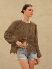 Aveloria Rosie 女式长袖刺绣领衬衫 - 棕色 - 查看 4