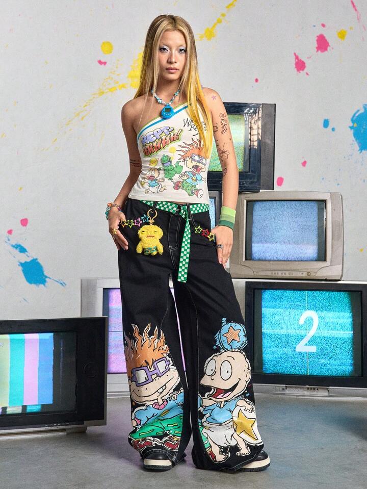 Our Nick 90's X ROMWE Y2K Cute Footprint Print Wide Leg Jeans For