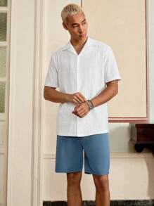SWAVVY 宽松休闲男士纯色前扣雪菲衬衫和抽绳腰短裤 - 藍白色 - 查看 3