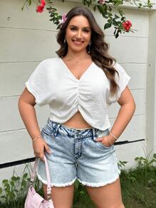 SHEIN EZwear Plus Size Women Casual Short V-Neck Solid Color Short Sleeve Shirt - White - View 4
