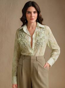 Anewsta Women's Sage Green Woven Fabric Top With Floral Embroidery Detail Long Sleeves And Shirt Collar - Green - View 6