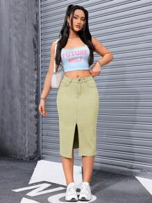 SHEIN Minifalda de mezclilla casual con bolsillos y abertura hasta el muslo de color liso, primavera/verano - verde menta - Ver 4