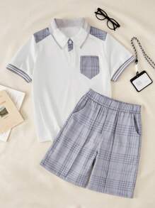 SHEIN Completo bambino da 2 pezzi, composto da polo a quadri e pantaloncini