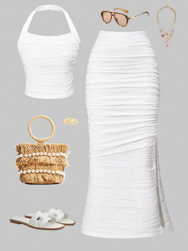 Lunivi Elegantes, bequemes 2-teiliges Set für Damen und Teenager Mädchen, trägerloses Crop Top und Wickelrock, geeignet für Partys, Urlaub