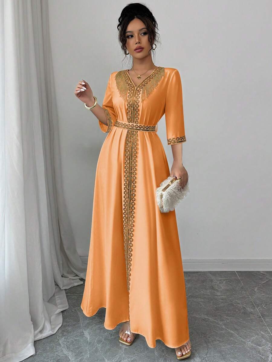 Elenzga Women's Elegant Tassel Sequin Patchwork Dress - Orange - View 1