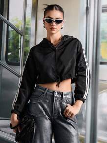SHEIN EZwear Striped Side Drawstring Hem Wind Hooded Jacket In Fall/Winter - Black - View 1