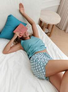 LUVLETTE Weiches Baumwoll Blau Urlaubs Quasten Saum Basis Trägerhemd & bedruckte Shorts Damen Loungewear luftiger Pyjama Set Urlaubs Lingerie als Oberbekleidung
