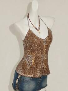 SHEIN ICON Y2k 颈部闪光棕色吊带西部复古波西米亚乡村音乐会派对娃娃装飘逸亮片吊带露背性感吊带背心夏季 - 棕色 - 查看 6