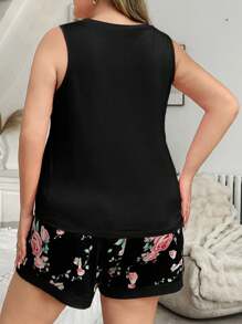 大码花卉印花无袖背心和短裤睡衣套装、休闲家居服、服装