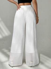 SHEIN PETITE Women's Casual White Wide Leg Long Pants - High Waist Flowy Design In Textured Woven Fabric For Everyday Comfort. - White - View 2