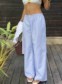 Sunnyshic 女式条纹印花纽扣休闲时尚裤 - 藍色 - 查看 3