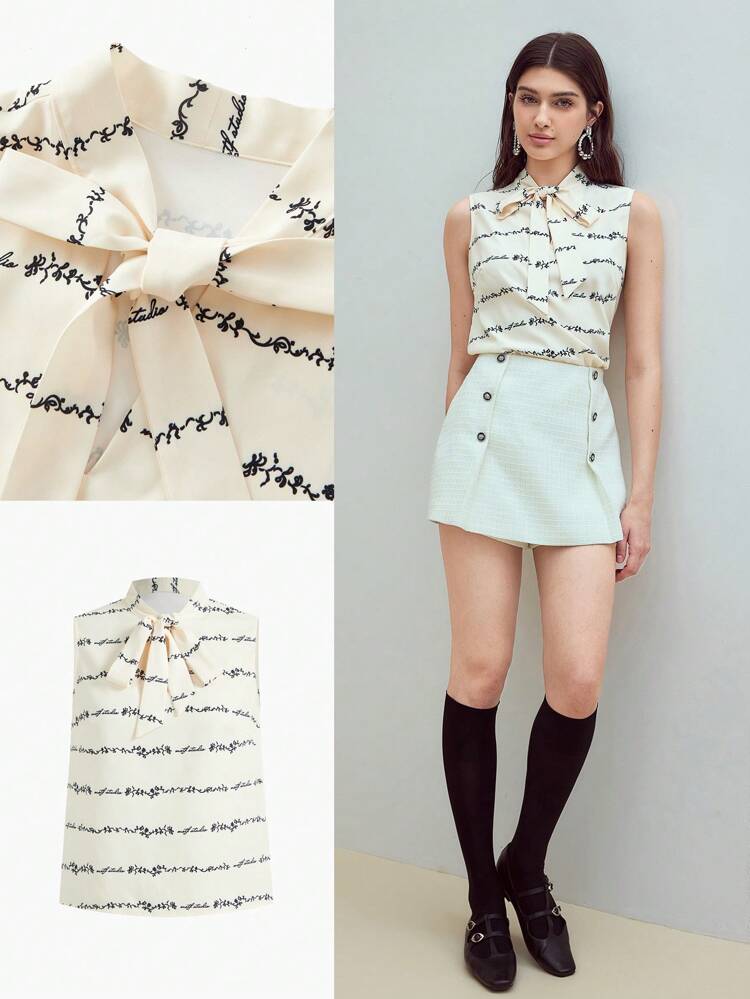 MOTF STUDIO LETTER GRAPHIC TIE NECK TOP