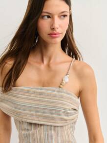 Nöista Khaki Striped Linen-Blend Top With Asymmetric Neckline,Beaded Strap Flattering Fit Breathable Fabric For Summer Boho Vacation Holiday 4th Of July - Yellow - View 5