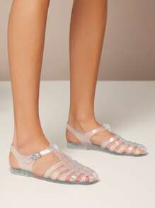 SHUZIA Curve Toe Perspex Caged In Jelly Flats - Clear - View 2