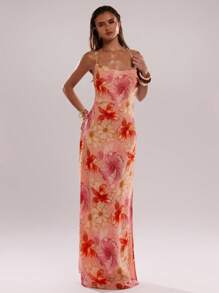 SHEIN BAE Vestido con estampado floral, abertura lateral, suela gruesa y correas cruzadas, adecuado para vacaciones/esenciales de playa/vestidos de verano para mujer/atuendos de vacaciones para mujer/atuendos de playa para mujer/vestidos largos para mujer/cubrecosturas para trajes de baño/vestidos de cumpleaños para mujer/atuendos de vacaciones para mujer - Rosa - Ver 5