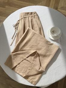 SHEIN Unity Women's Fall Spring/Summer Drawstring Pleated Wide Leg Loose Relaxed Casual Pants - Khaki - View 1