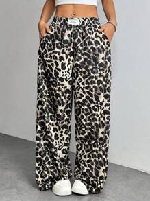 SHEIN PETITE Women's Leopard Print Woven Waistband Patchwork Wide Leg Street Trousers Pants - Multicolor - View 3