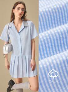 Muvela 女式蓝白条纹休闲衬衫裙，迷你长款，褶边，夏季连衣裙