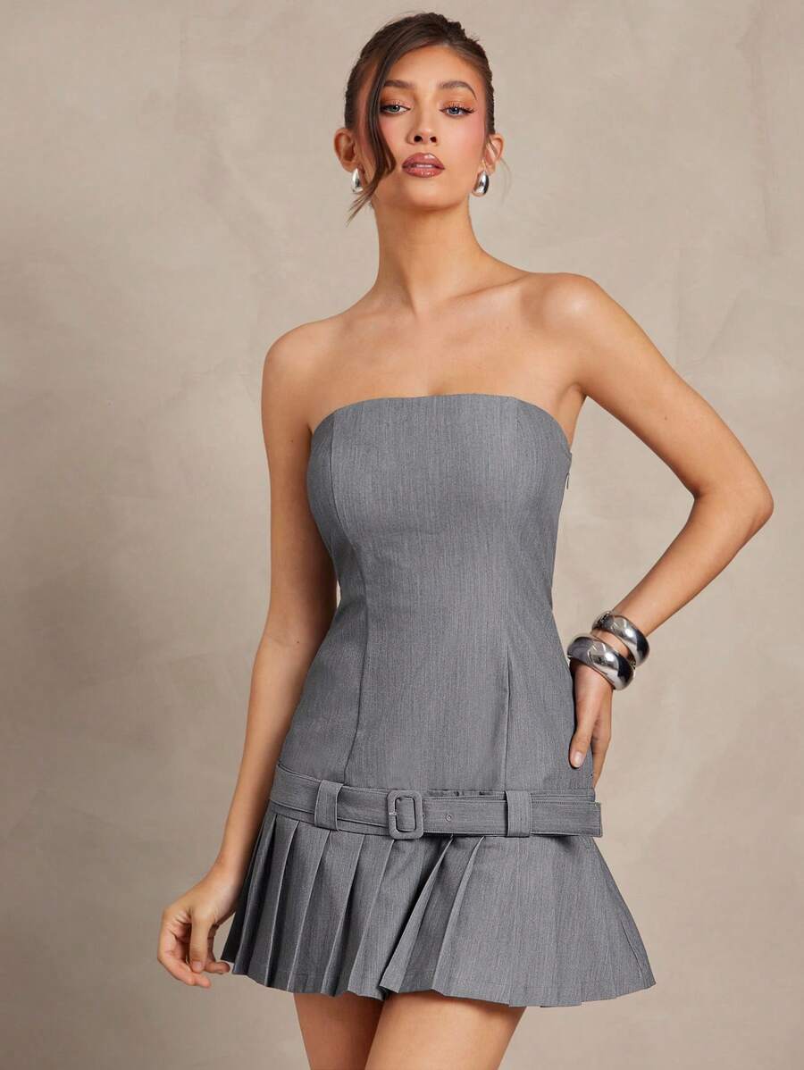 L'Amorae Women's Strapless Drop Waist Belted Pleated Mini Summer Work Dress, Summer Outfits For Women, Business Casual Woman, Office Outfits For Women, Work Clothes Women - Grey - View 1