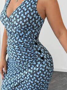 Elenzga Plus Size Women's Knit Summer Printed Elegant Commuter Fitted V-Neck Button Decor Slit Bodycon Blue Dress - Blue - View 5