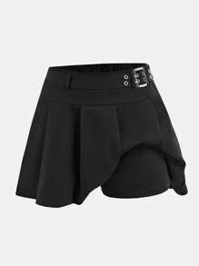 Girlism Jupe plissée de couleur unie avec short intégré et ceinture amovible, polyvalente et adaptée à toutes les saisons, style scolaire
