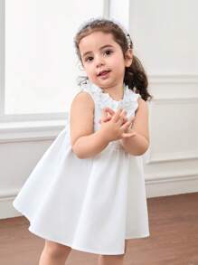 Babygirl Cute & Elegant White Sleeveless Ruffle Trim Mini Dress, Summer - White - View 3
