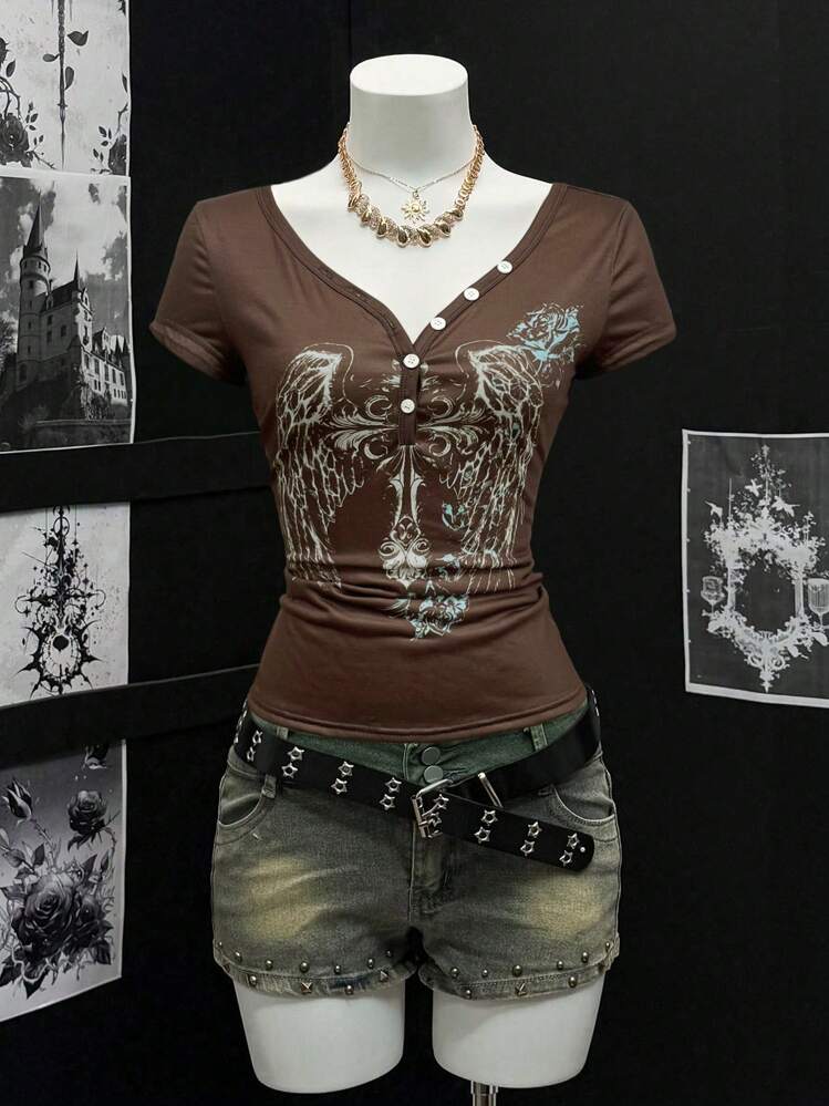 EgrlEra T-shirt transparent à manches courtes, col en V, avec fermeture éclair partielle et imprimé, pour femmes