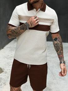 Manfinity CasualCool Conjunto de camiseta polo casual de hombre con rayas marrones y textura