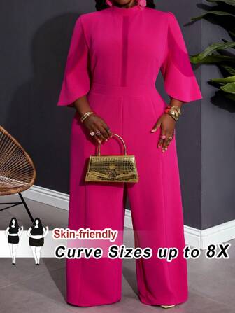 SHEIN CURVE+ 大码度假/春夏优雅性感派对修身纯白色花卉蕾丝透明网眼拼接女式连体裤女士沙滩装/沙滩裙/沙滩度假装/沙滩必备品/毕业/茶会礼服夏季/乡村/海滩度假装/沙滩装/沙滩装