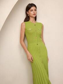 BizChic 春夏新款绿色纽扣针织连衣裙，现代优雅，适合都市通勤、日常百搭，亦可打造90年代复古风圣诞新年造型，情人节派对、海滩毕业典礼、嘉年华假日休闲浪漫风，适合婚礼宾客、主人、约会、派对、音乐会、早午餐、机场等多种场合。 - 綠色 - 查看 1