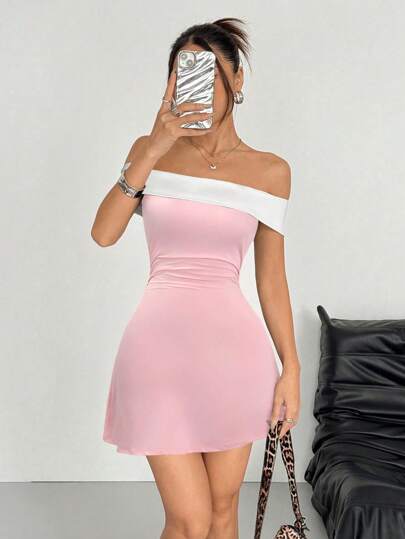 SHEIN EZwear Vestido corto casual de hombros descubiertos de color rosa claro para mujer, de verano