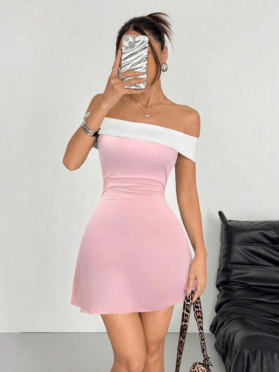 SHEIN EZwear 女士露肩浅粉色休闲短款连衣裙,夏季 - 淺粉色 - 查看 1