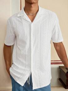 SWAVVY 宽松休闲男士纯色前扣雪菲衬衫和抽绳腰短裤 - 藍白色 - 查看 5