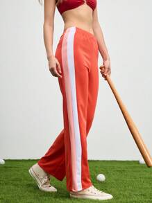 Cheerettes Women Elastic Waist Striped Straight Loose Casual Sports Pants - Red - View 6